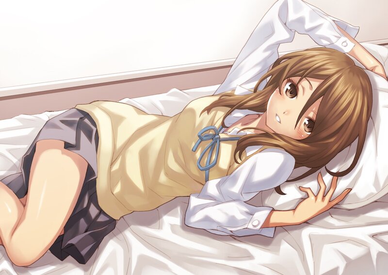 Anime Girl in Bed — White, Calm, Morning, Pillow, School Uniform
