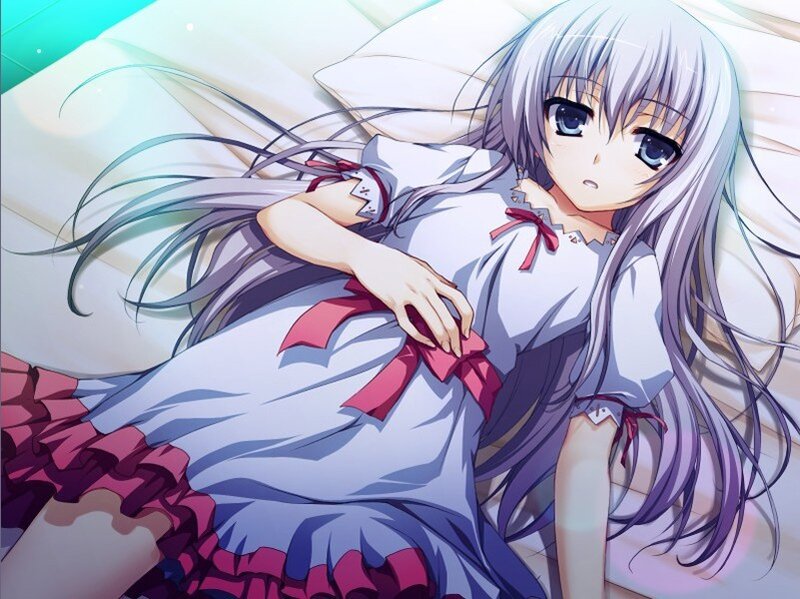 Anime Girl in Bed — White, Calm, Pillow, Dress