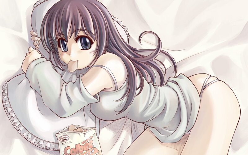 Anime Girl in Bed — White, Playful
