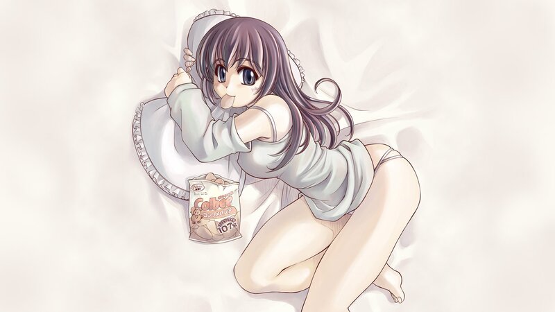 Anime Girl in Bed — White, Relaxed, Pillow, Snack Bag, Gray