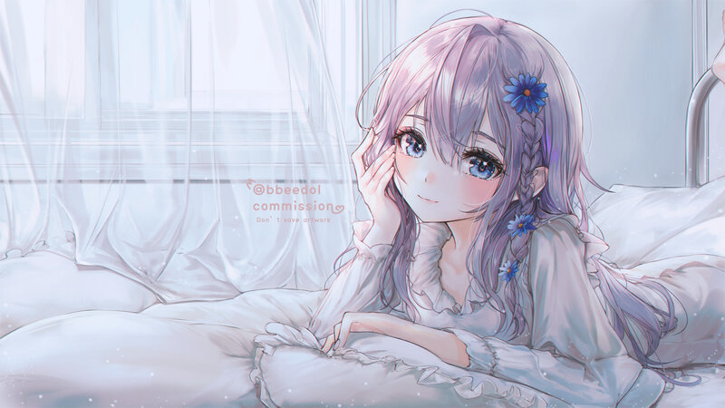 Anime Girl in Bed — White, Serene, Morning, Digital Art