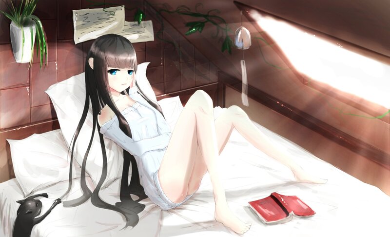 Anime girl in bed with cat