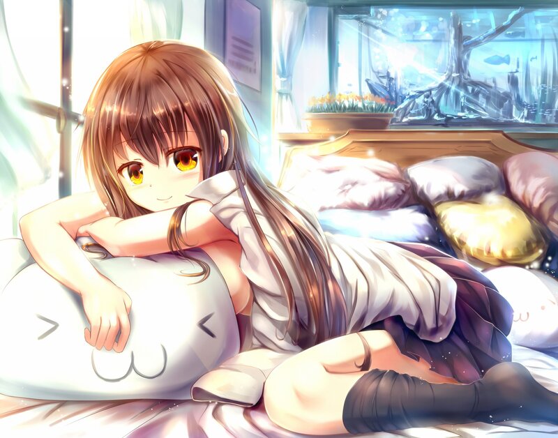 Anime girl in bed with cat pillow