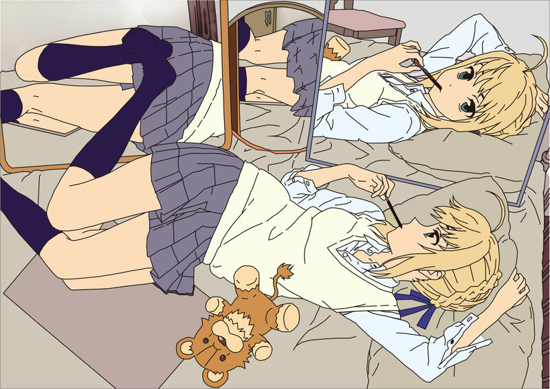 Anime girl in bed with mirror