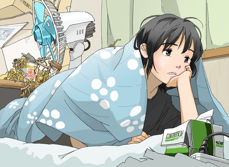 anime girl in bed with noodles