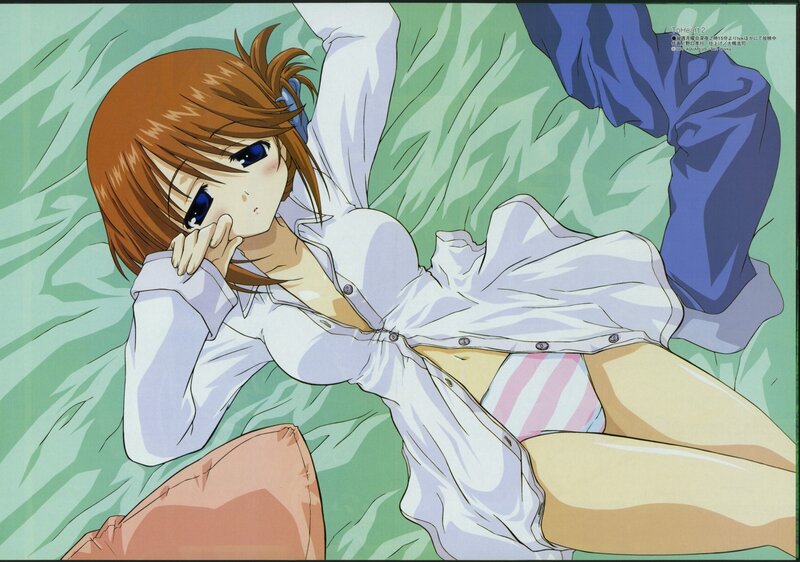 Anime girl in bed with open shirt