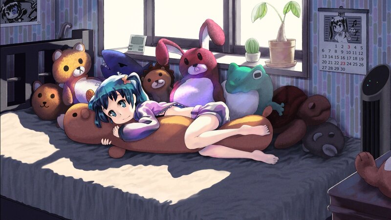 Anime girl in bed with stuffed animals