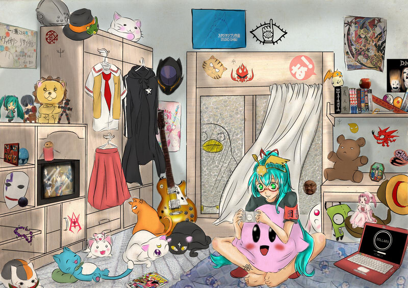 Anime Girl in Bedroom — Blue, Chaotic