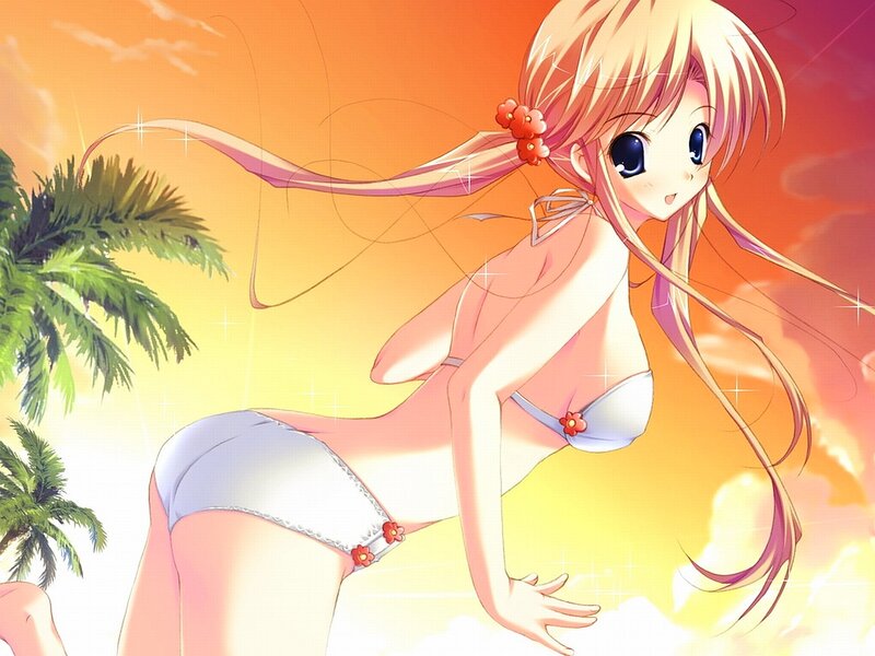 Anime girl in bikini at sunset