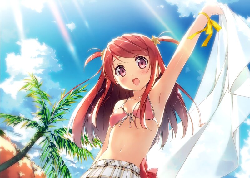Anime Girl in Bikini — Blue, Bright, Cheerful, Afternoon, Palm Tree, Sky