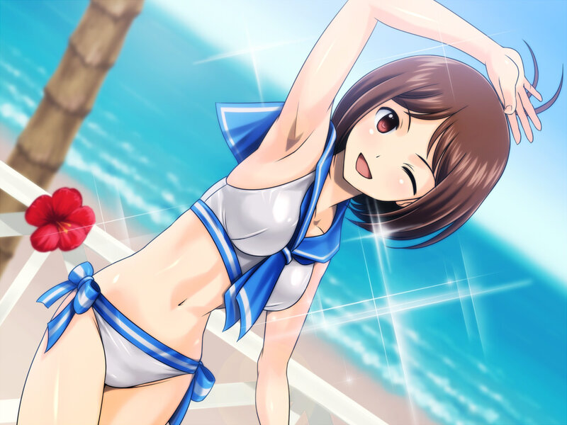 Anime Girl in Bikini — Blue, Cheerful, Afternoon, Flower
