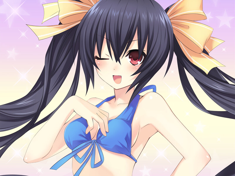 Anime Girl in Bikini — Blue, Playful, Bow