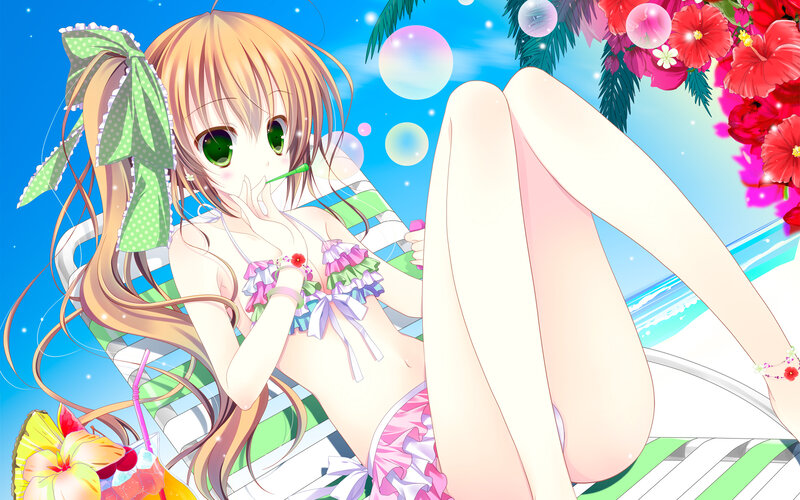 Anime Girl in Bikini — Blue, Relaxed, Summer, Beach Chair