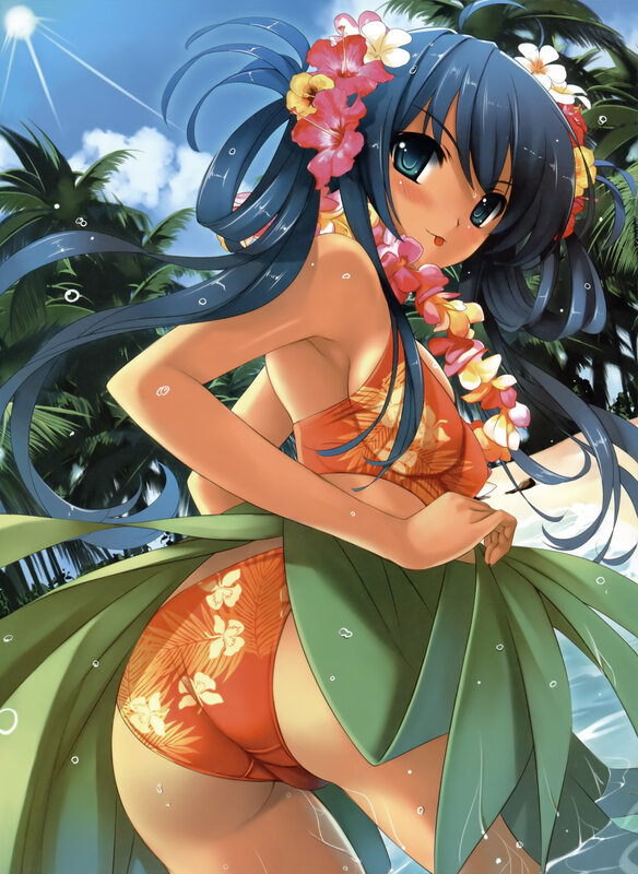 Anime Girl in Bikini — Blue, Tropical, Afternoon, Flowers
