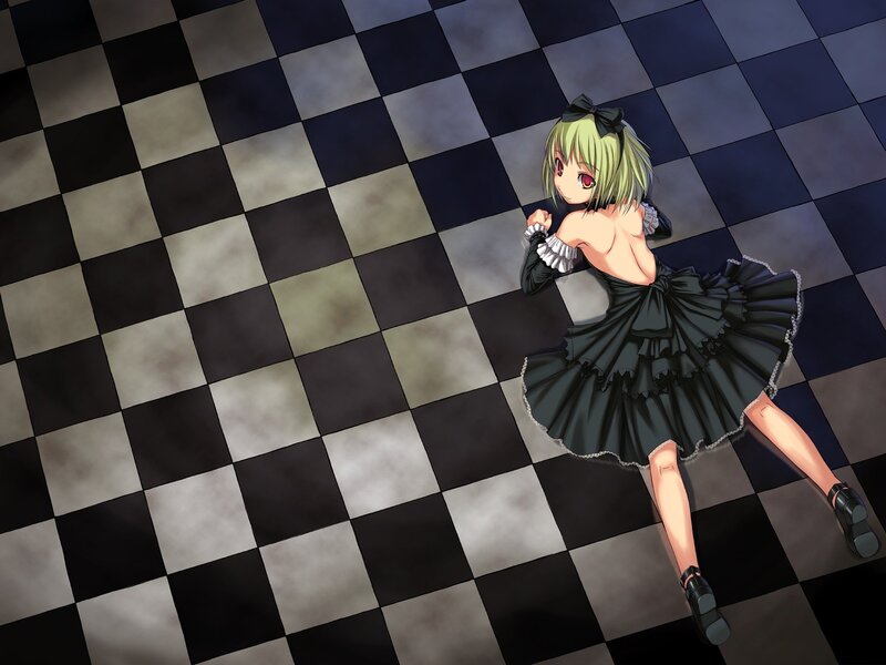 Anime Girl in Black Dress — Dramatic, Checkered Floor