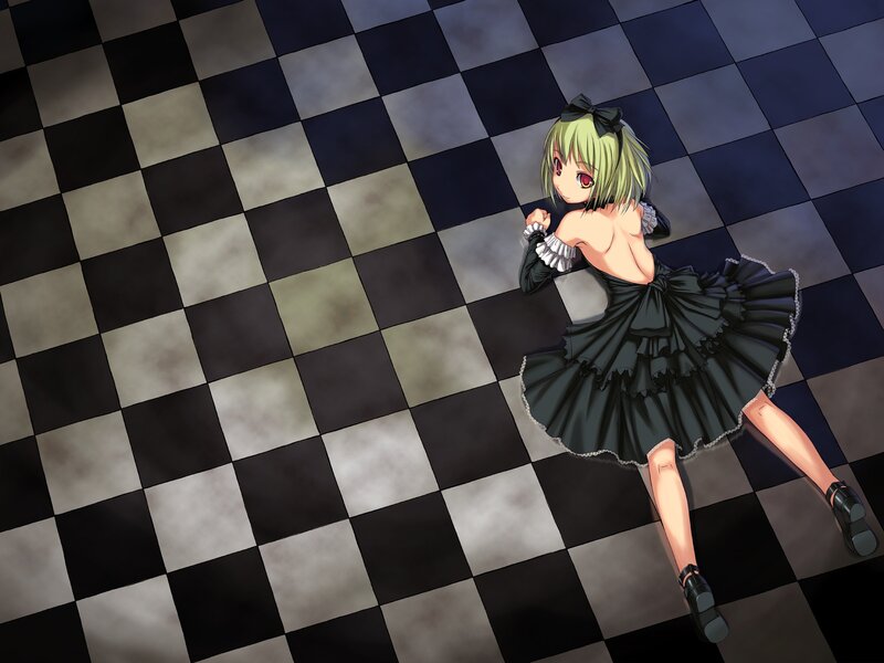 Anime Girl in Black Dress — Dramatic, Digital Art, Checkered Floor