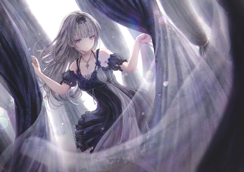 Anime Girl in Black Dress — Dramatic, Digital Art, Curtains