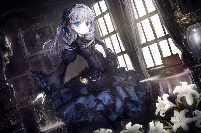 Anime Girl in Black Dress — Dramatic, Digital Art, Lilies