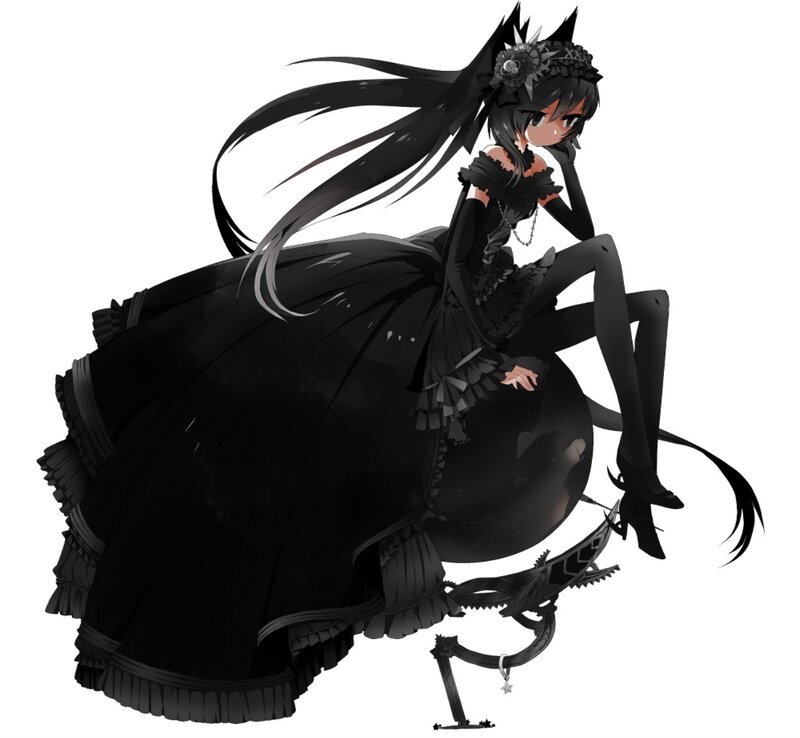 Anime Girl in Black Dress — Dramatic, Digital Art, Long Hair, Tail