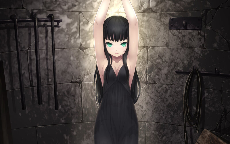 Anime Girl in Black Dress — Dramatic, Digital Art, Stone Wall