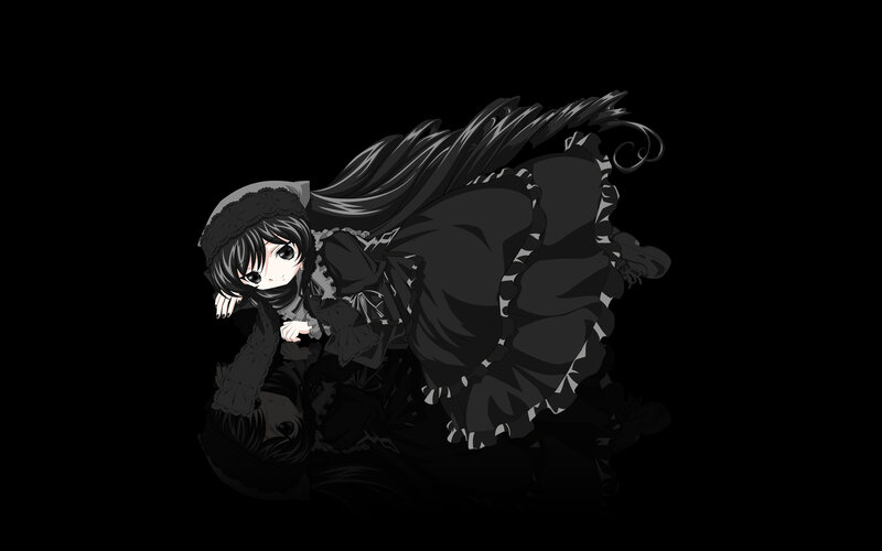Anime Girl in Black Dress — Dramatic, Long Hair, Reflection