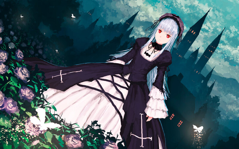 Anime Girl in Black Dress — Dramatic, Night, Digital Art, Castle