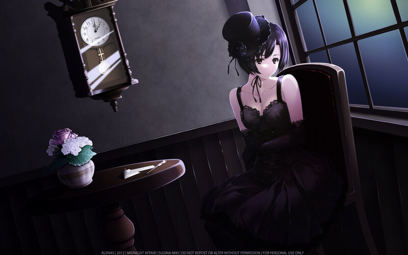 Anime Girl in Black Dress — Dramatic, Night, Digital Art, Clock