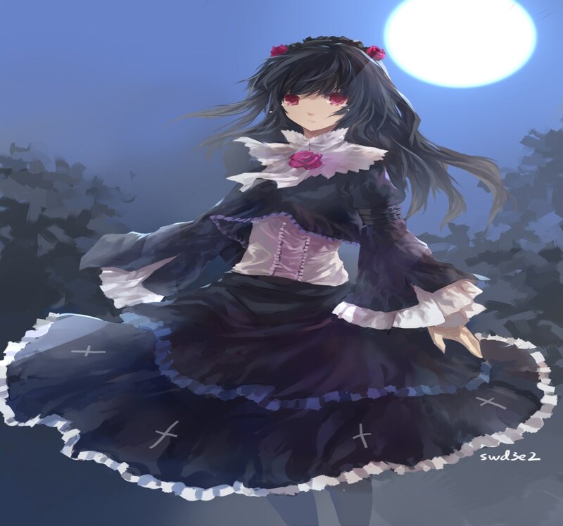Anime Girl in Black Dress — Dramatic, Night, Digital Art, Moon