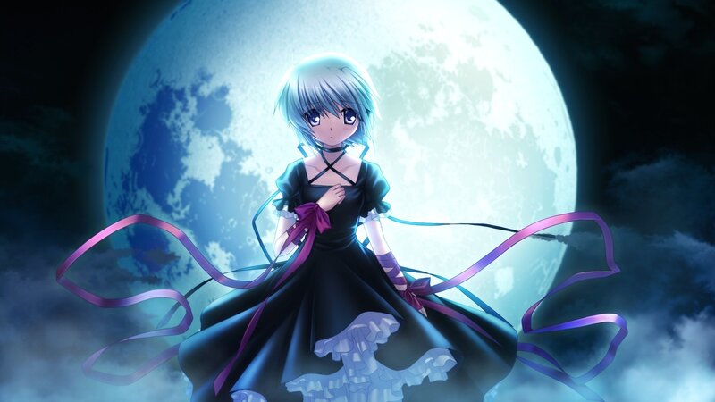 Anime Girl in Black Dress — Dramatic, Night, Moon, Ribbons