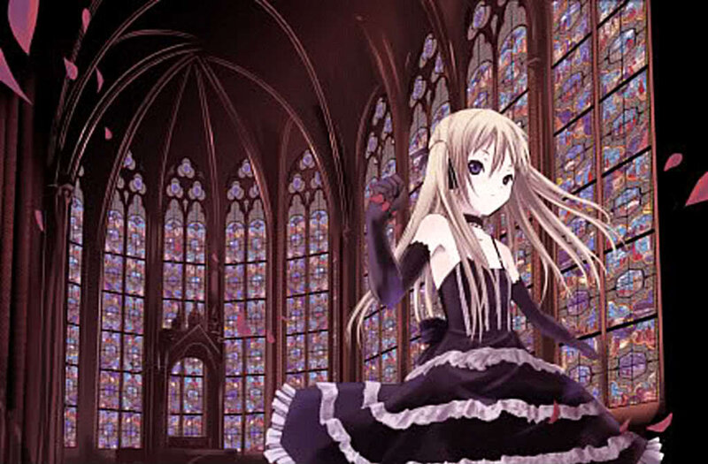 Anime Girl in Black Dress — Dramatic, Stained Glass