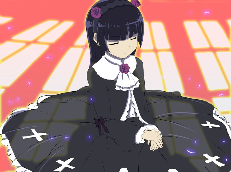 Anime Girl in Black Dress — Dramatic, Sunset