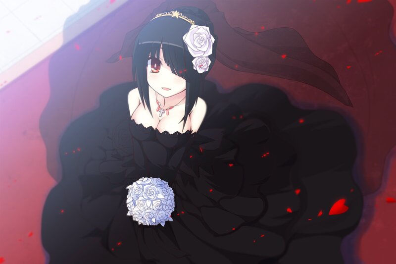 Anime Girl in Black Dress — Dramatic, White Roses