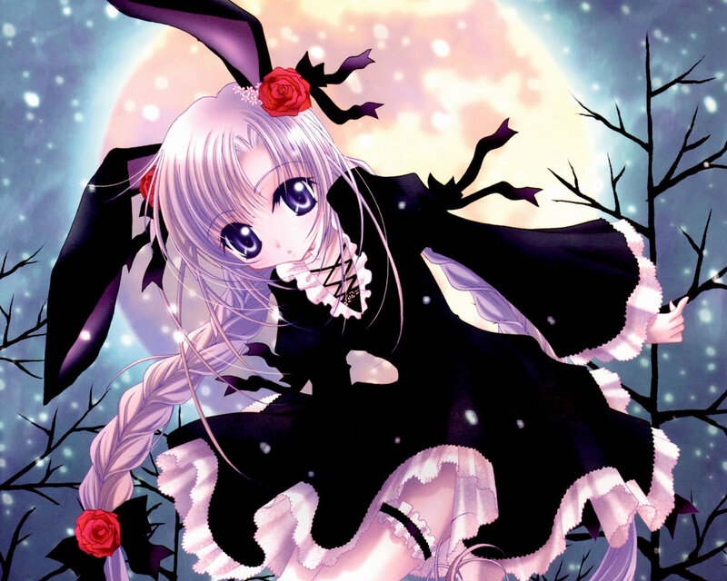 Anime Girl in Black Dress — Dreamy, Night, Manga, Moon, Trees