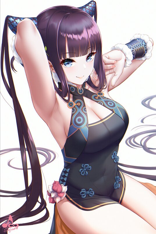 Anime Girl in Black Dress — Playful, Digital Art, Cat Ears, Long Hair