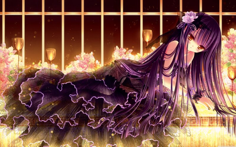 Anime Girl in Black Dress — Purple, Dramatic, Night, Digital Art, Flowers, Wine Glasses