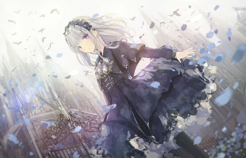 Anime Girl in Black Dress — White, Dreamy