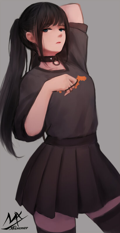 Anime Girl in Black Outfit — Neutral, Digital Art, Choker