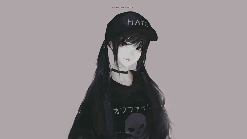 Anime Girl in Black Outfit — Neutral, Digital Art, Hat