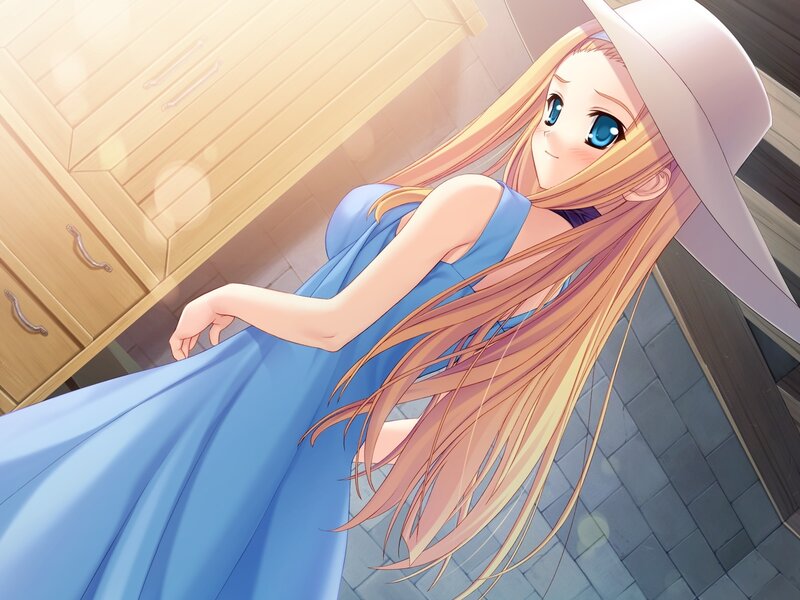 Anime Girl in Blue Dress — Calm, Afternoon, Hat