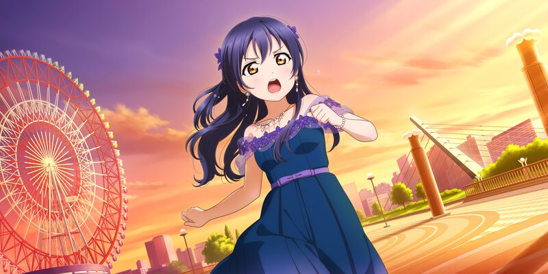 Anime Girl in Blue Dress — Dramatic, Sunset, Ferris Wheel