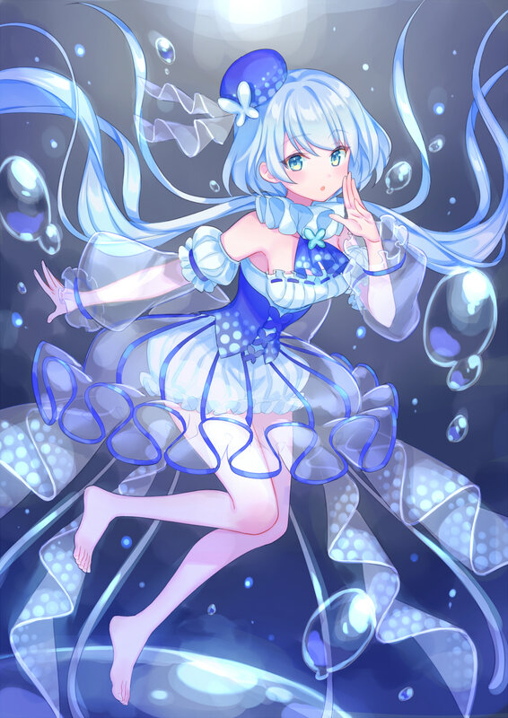 Anime Girl in Blue Dress — Dreamy, Digital Art, Bubbles