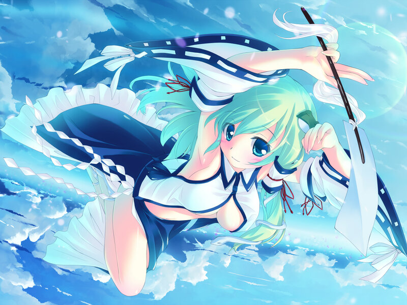 Anime girl in blue dress flying