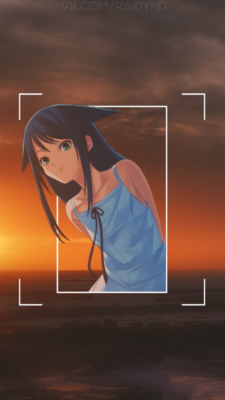 Anime Girl in Blue Dress — Orange, Dramatic, Sunset