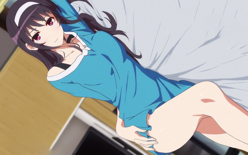 Anime Girl in Blue Dress — Playful, Bed