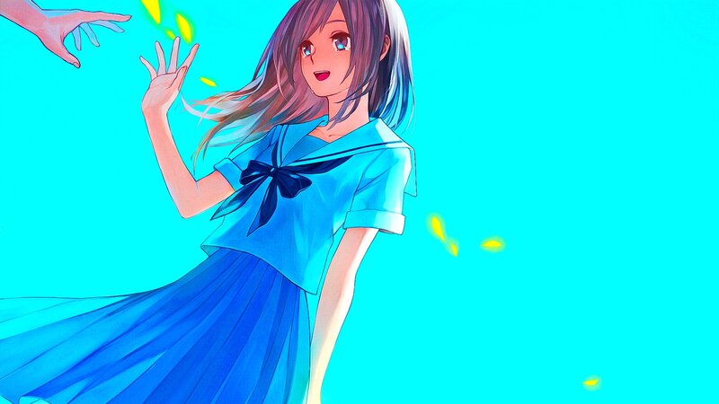 Anime Girl in Blue Dress — Playful, Hand