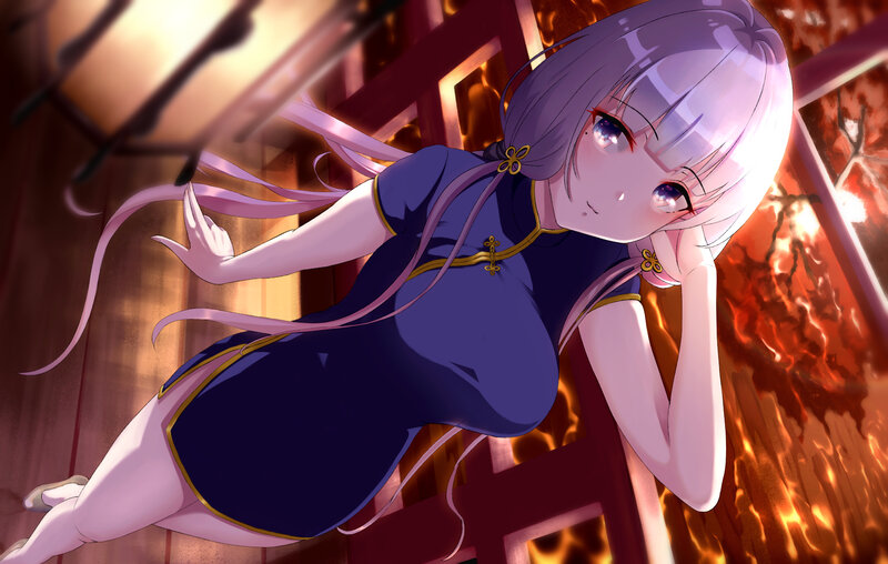 Anime Girl in Blue Dress — Purple, Dramatic, Digital Art