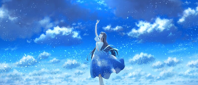 Anime Girl in Blue Dress — Serene, Afternoon, Clouds