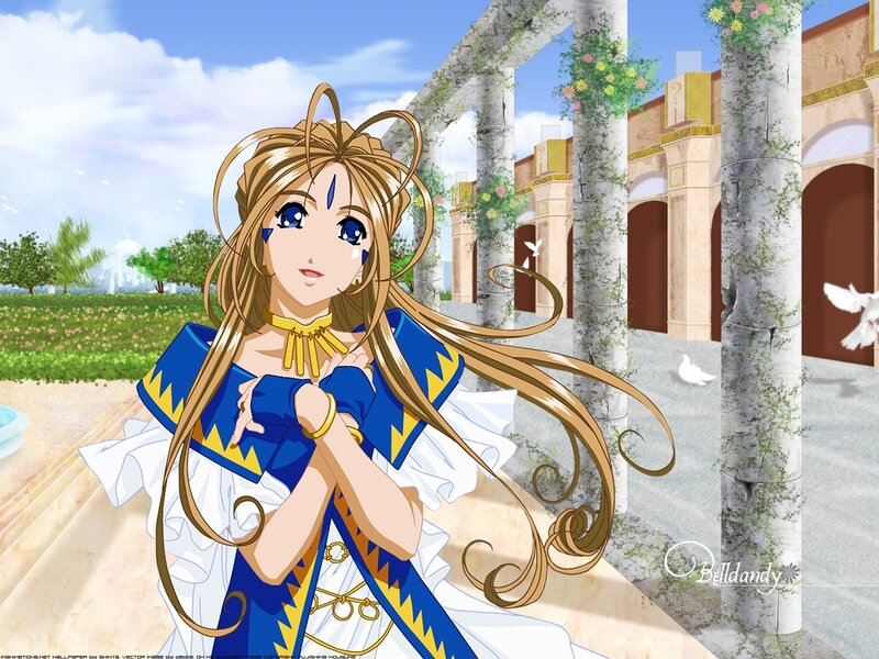 Anime Girl in Blue Dress — Serene, Afternoon, Columns