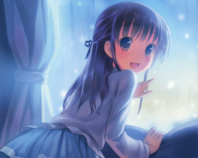 Anime Girl in Blue Dress — Serene, Curtain