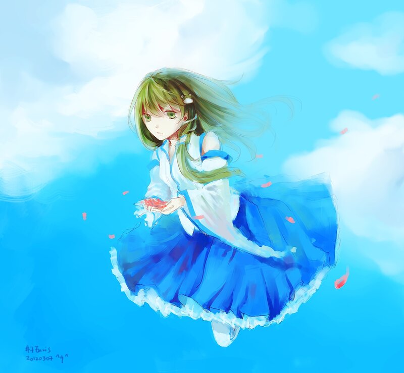 Anime Girl in Blue Dress — Serene, Digital Art, Clouds